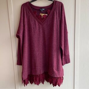 NWT Super Cozy Suzanne Betro Burgundy Women’s Lace & Fleece Tunic 3XL